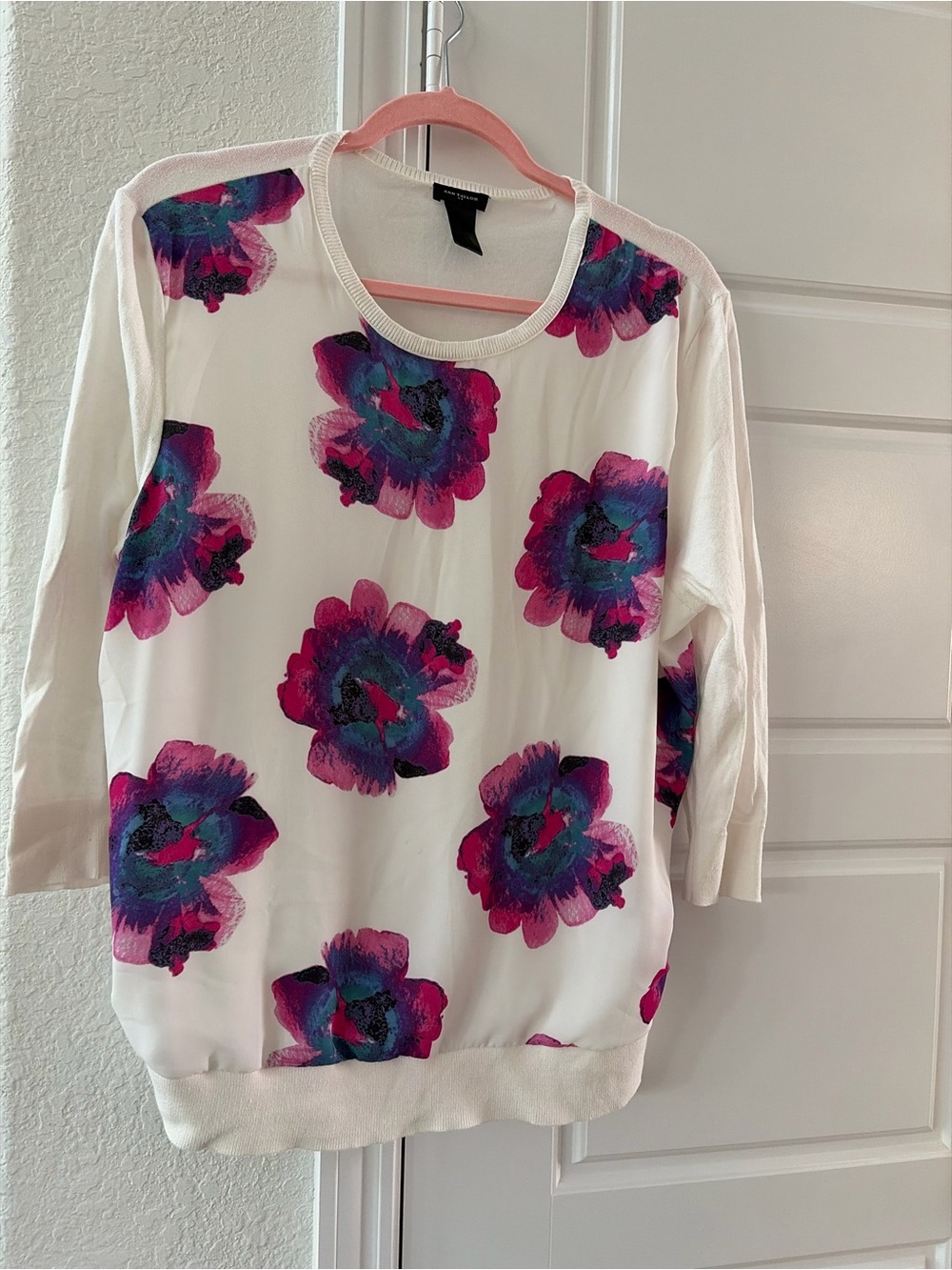 Ann Taylor White Pullover with Pink & Blue Floral Print